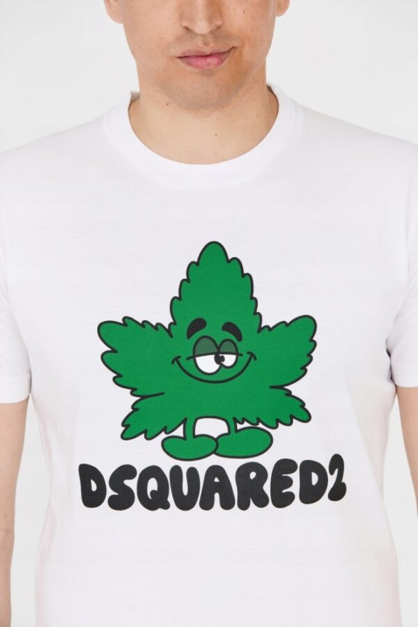 DSQUARED2 Męski biały t-shirt z zielonym liściem