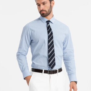 Męska koszula bawełniana REGULAR FIT w pionowe paski - błękitno-biała