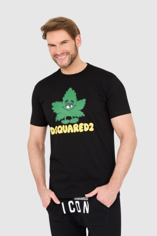 DSQUARED2 Czarny męski t-shirt z logo i zielonym liściem