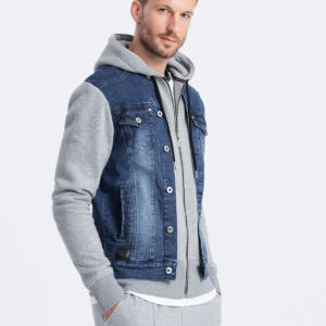 Dzianinowa kurtka męska z kapturem i jeansowymi wstawkami – szaro-niebieska V1