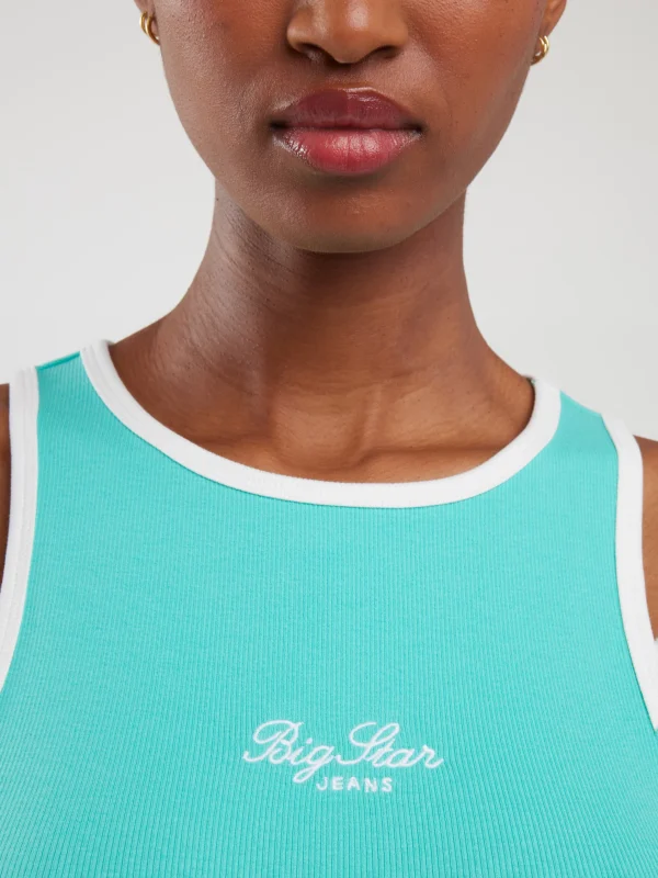 Koszulka damska na ramiączkach z kontrastowym wykoŅczeniem turkusowa Arisa 302