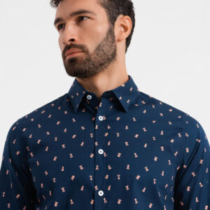 Bawełniana koszula męska we wzory SLIM FIT - atramentowa V3