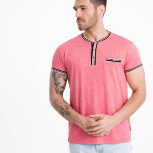 T-shirt męski henley z ozdobnymi ściągaczami - czerwony V1