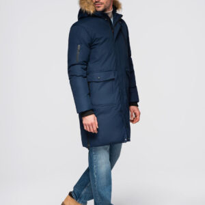 Ocieplana kurtka męska alaska z kieszeniami i rozpinanym dołem – granatowa V1