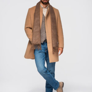 Męski płaszcz z asymetrycznym zapięciem i wysokim kołnierzem – jasnobrązowy V4
