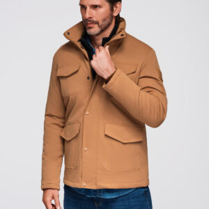 Lekka kurtka męska z kieszeniami i wysokim kołnierzem – brązowa V5