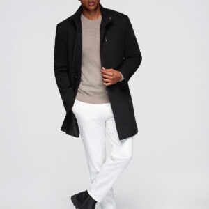 Dopasowany strukturalny męski płaszcz z wysokim kołnierzem – czarny V1