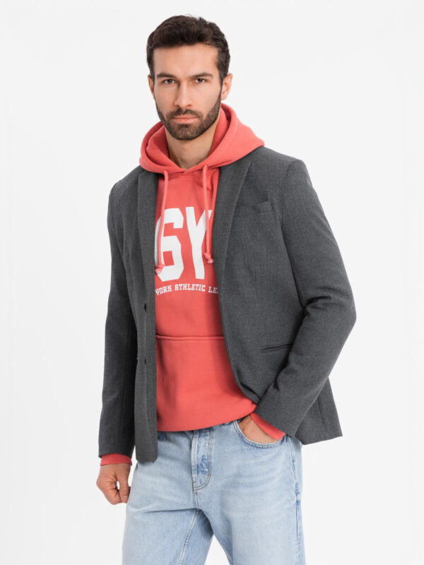 Elegancka marynarka męska z dekoracyjnymi guzikami na mankietach - grafitowa V1