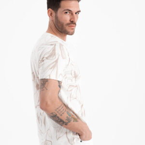 T-shirt męski fullprint w kontrastowe liście - jasnobeżowy V1