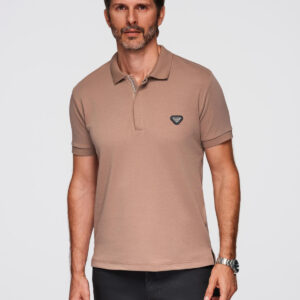 Koszulka męska polo z dekoltem na zamek - jasnobrązowa V3