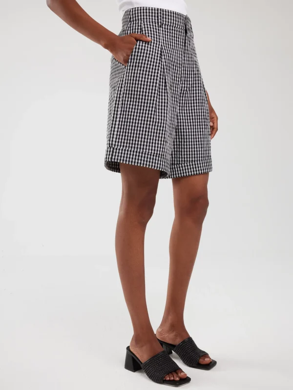 Szorty damskie z wysokim stanem w drobną kratę biało-czarne Pollini 906