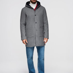 Melanżowy męski długi płaszcz z kapturem – szary V1