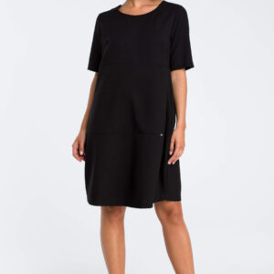 Lniana sukienka na lato bombka oversize z kieszeniami czarna