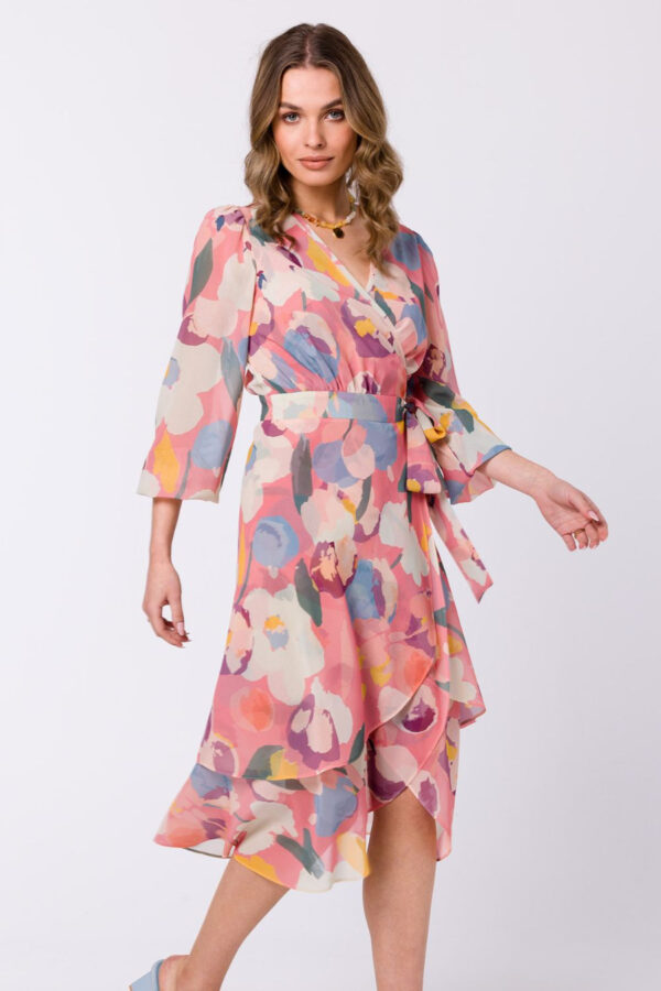 Zwiewna sukienka szyfonowa kopertowa z wiązaniem pastelowa