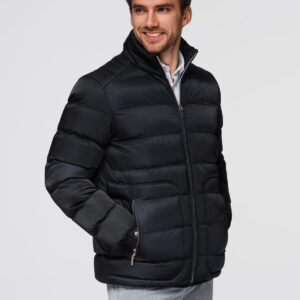 Pikowana męska kurtka z połyskiem i stójką – czarna V1