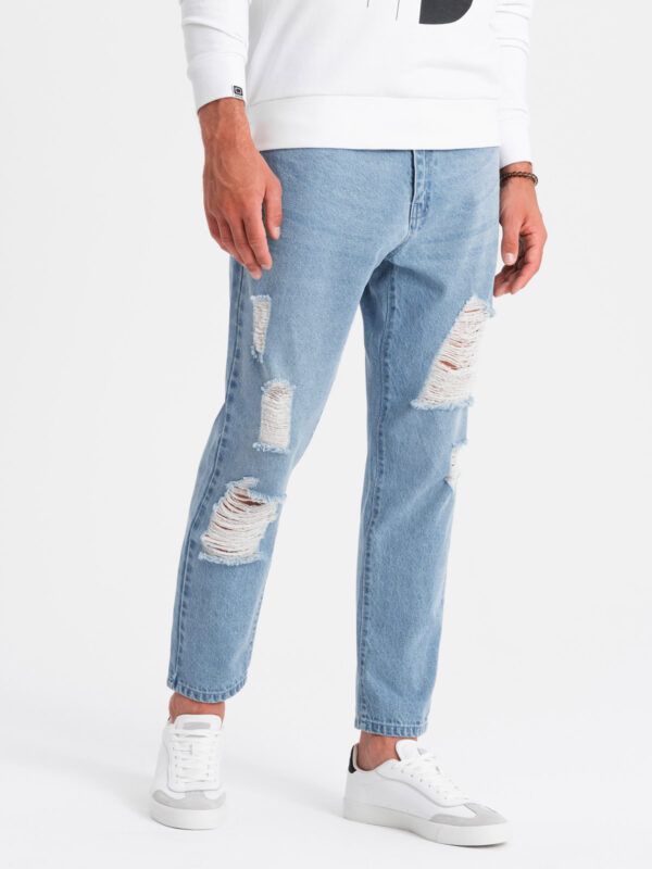 Męskie spodnie jeansowe TAPERED FIT z dziurami – jasnoniebieskie V1