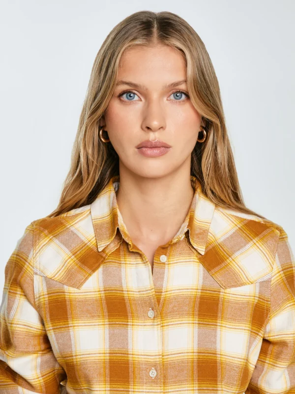 Koszula damska flanelowa w kratę żółto-brązowa Dreni 201
