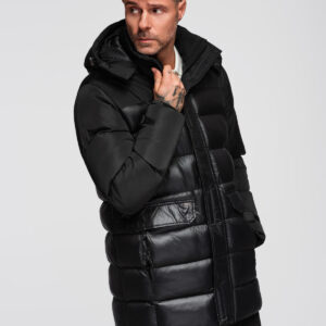 Kurtka pikowana męska z wysokim kołnierzem i kapturem – czarna V1