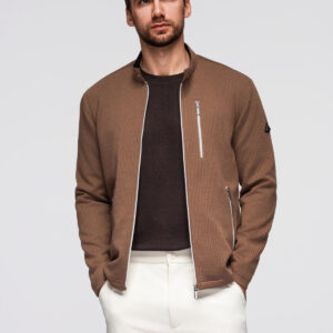 Męska strukturalna kurtka biker ze stójką – brązowa V2