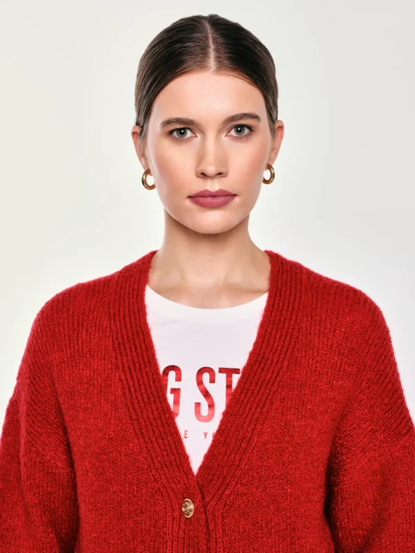 67c6749fa16807c4ba1116bb2dcbe4debaef7b90 Kardigan damski z dodatkiem wełny czerwony Kardila 603