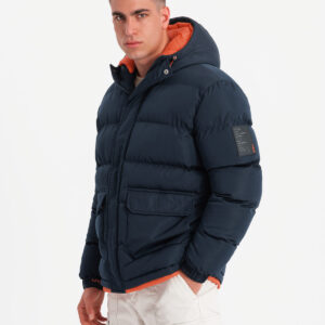 Ciepła sportowa kurtka męska z podwójnym kapturem – granatowa V2