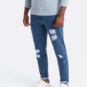 Washowane spodnie męskie jeansowe TAPERED FIT z przetarciami – niebieskie V2