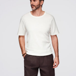 Koszulka męska o waflowej strukturze z okrągłym dekoltem – złamana biel V1