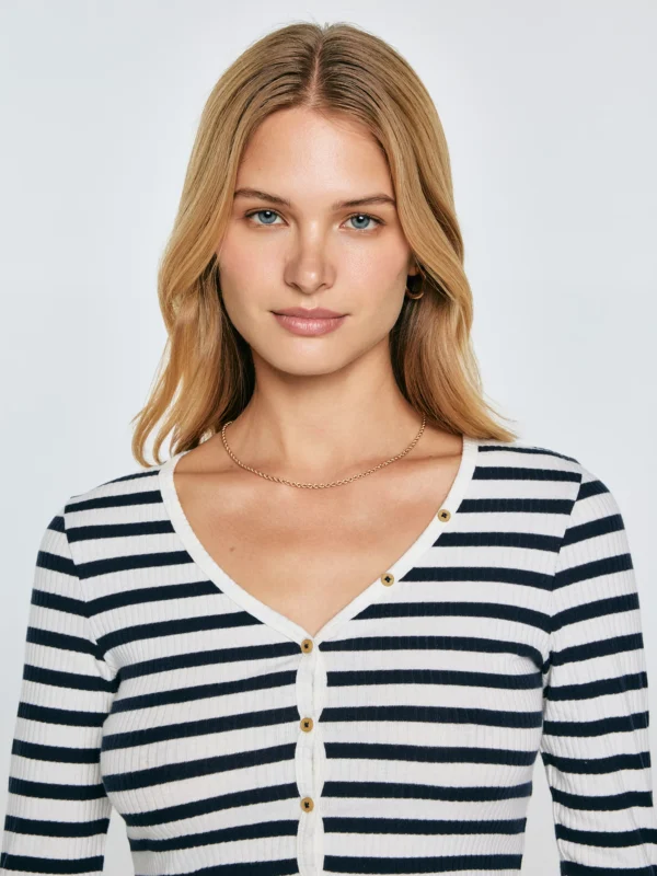 Bluzka damska z dekolotem v-neck w paski granatowa Mella 403