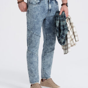 Spodnie męskie jeansowe slim fit z przeszyciem na kolanach - niebieskie V1