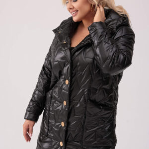 Pikowany czarny płaszcz Vivien z fantazyjnymi kieszeniami OVERSIZE PLUS SIZE XXL JESIEŃ