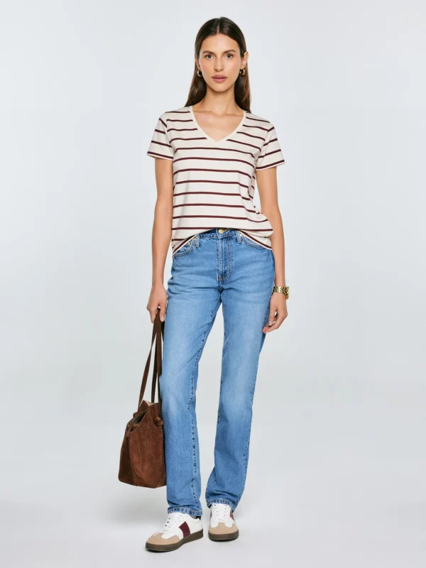 Koszulka damska z dekoltem v-neck w paski kremowa Retina 103