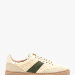 Kremowe-oliwkowe sznurowane półbuty sportowe z futerkie