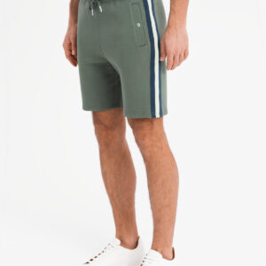 Męskie dresowe szorty z lampasami i ściągaczem w pasie – oliwkowe V2