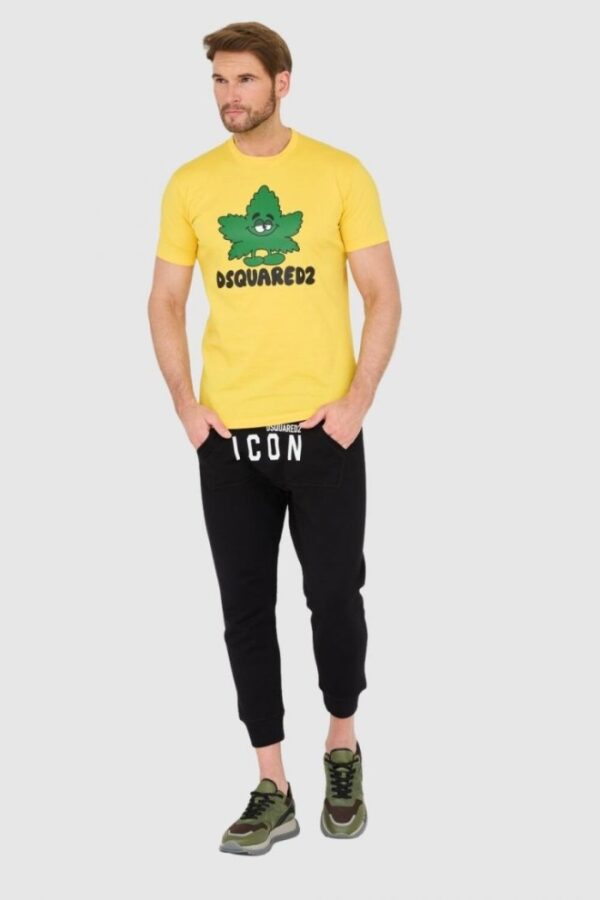 DSQUARED2 Żółty męski t-shirt z logo i zielonym liściem