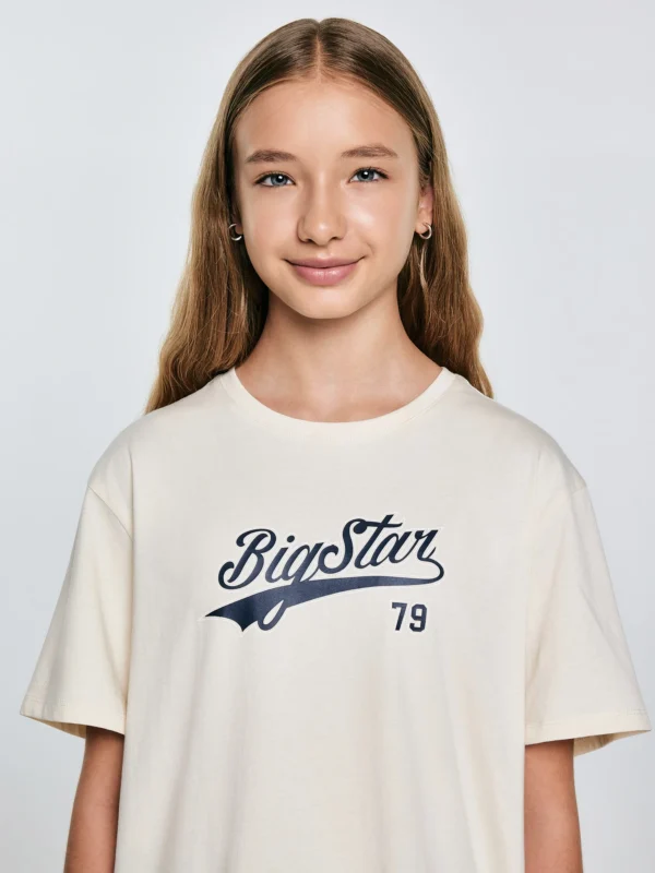 Koszulka dziewczęca oversize z nadrukiem kremowa Emillia 103