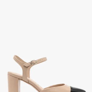 Beżowo czarne czółenka damskie z odkrytą piętą