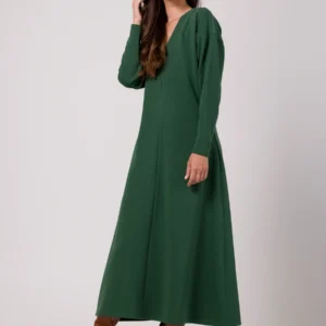 Długa sukienka dzianinowa z dekoltem V kimonowa zielona