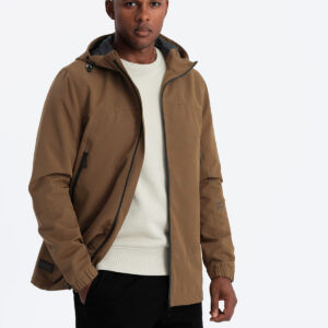 Lekka męska kurtka typu sztormiak z kapturem – brązowa V2