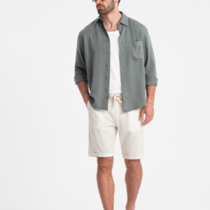 Męskie krótkie spodenki z dodatkiem lnu - kremowe V2