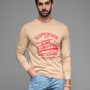 Koszulka męska z długim rękawem z nadrukiem collegowym - piaskowa V1