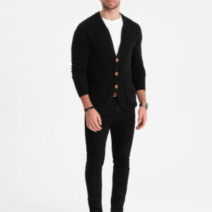 Dzianinowy kardigan męski z kieszeniami i ozdobnymi guzikami – czarny V1
