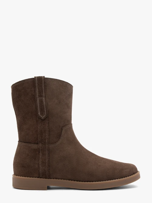 Brązowe płaskie botki ze skóry welurowej