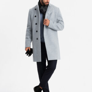 Płaszcz męski z wysokim kołnierzem i asymetrycznym zapięciem – szary melanż V1