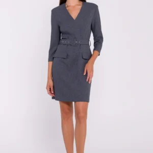 Elegancka sukienka mini z dekoltem V i paskiem szara