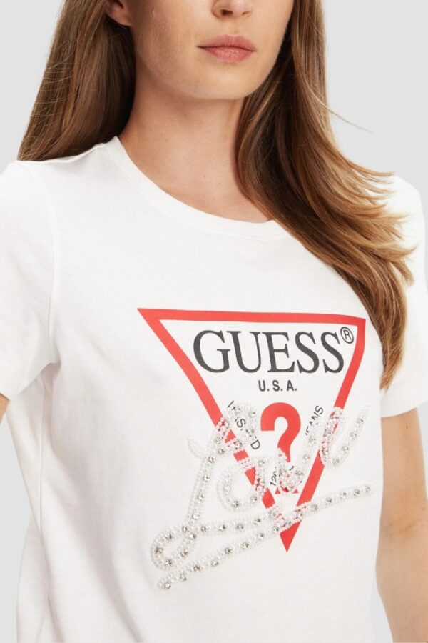 GUESS Biały damski t-shirt Pearls Love