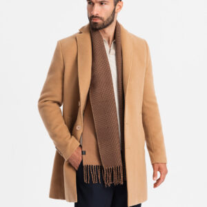 Jednorzędowy długi męski płaszcz w stylu garniturowym – jasnobrązowy V3