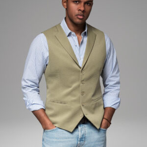 Dopasowana kamizelka męska ze strukturalnej dzianiny z klapami – oliwkowa V1