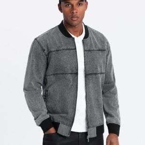 Męska kurtka jeansowa bomberka z efektem stone wash – szara V1