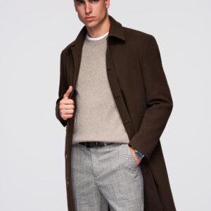 Jednorzędowy męski długi płaszcz z kołnierzykiem i podpinką – brązowy V4