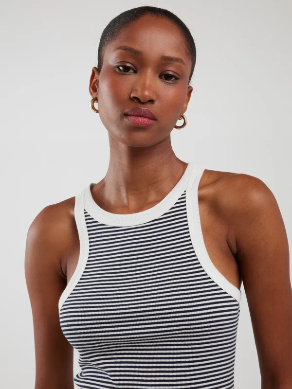 Koszulka damska na ramiączkach w prążek biało-granatowa Livia 403